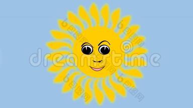 可爱的黄色太阳嬉戏，跳舞，眨眼和玩云。 搞笑动画太阳插图，适合做广告